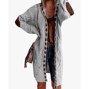 Boho Hoodie Long Open Cardigan Sweater XXL Cable Knit Western Patches Chunky